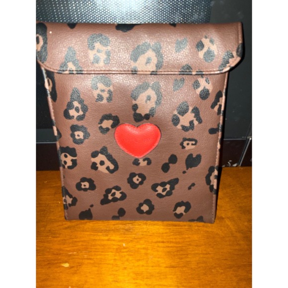 Mary Kay Handbags - Mary Kay Leopard Print Cosmetic Bag Brown Black Animal Print Red Heart Clutch